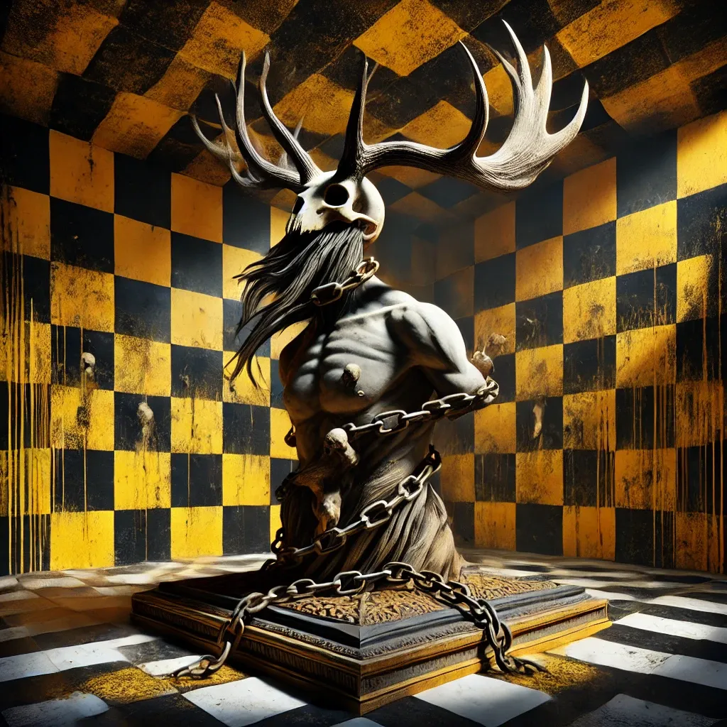 DALL·E 2024-11-28 09.02.45 - A surreal and symbolic artistic composition set in a dark, checkered room with yellow and black tones. The central figure is a human-like torso with a.webp