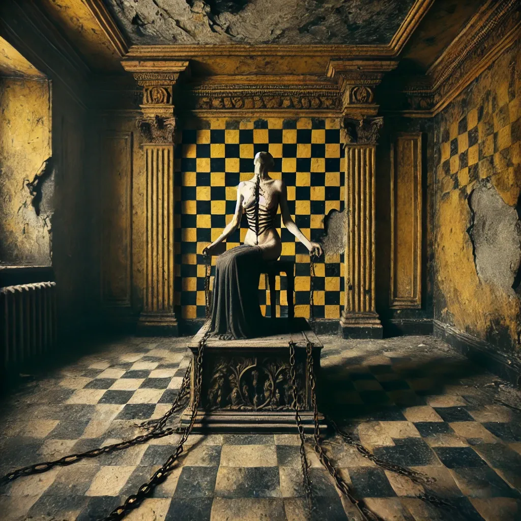 DALL·E 2024-11-28 09.02.17 - A surreal and symbolic artwork inspired by a dramatic atmosphere. The setting is a damaged room with yellow and black checkered tiles and distressed, .webp